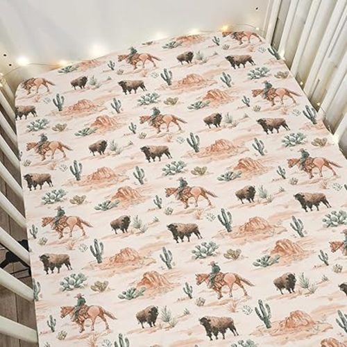 Vintage Cowboy Buffalo Baby Crib Sheets for Boy Girl 52x28Inch Retro Bison Cactus Soft Stretchy Fitted Crib Mattress Cover Western Desert Baby Sheet for Standard Crib and Toddler Bed Mattress