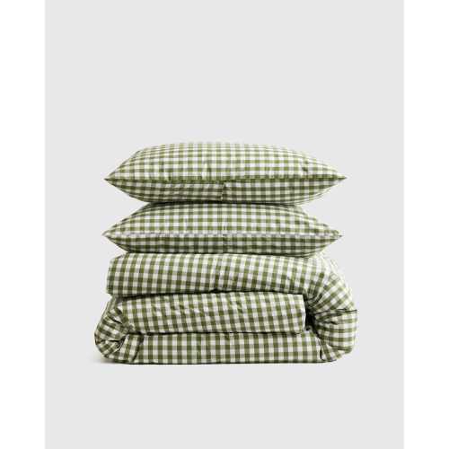 Classic Organic Percale Gingham Duvet Cover Set in Olive