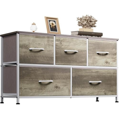 WLIVE Dresser for Bedroom with 5 Drawers, Wide Chest of Drawers, Fabric Dresser, Storage Organization Unit with Fabric Bins for Closet, Living Room, Hallway, Light Grey