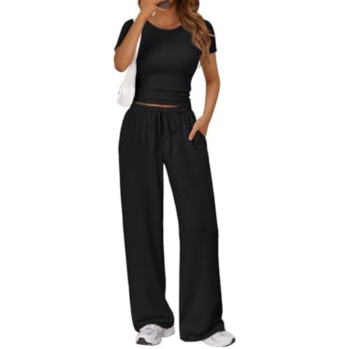 Trendy Queen 2 Piece Matching Summer Sweatsuit Lounge Set Womens Wide Leg Pants Side Ruching Crop Top Sets