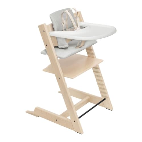 Stokke Tripp Trapp High Chair 2 (Natural), Cushion 2 (Nordic Grey) + Stokke Tray (White) - Includes Chair + Baby Set with Removable Harness for Children 6-36 Months