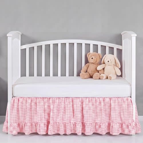 Gingham Crib Skirt Dust Ruffle 52 x 28 Inch 100% Washed Cotton Ruffle Plaid Baby Crib Bed Skirt Soft Farmhouse for Boys & Girls Nursery Bedding Decor, Fits Standard Cribs(Pink)