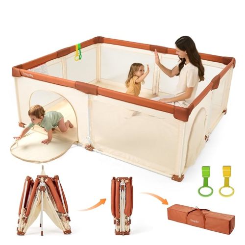 Tinyiota Foldable Baby Playpen, 59x71 Inch Portable Play Yard for Babies and Toddlers with Soft Breathable Mesh, Storage Bag & 2 Pull-Toy Handles for Indoor & Outdoor (Brown, 59x71)