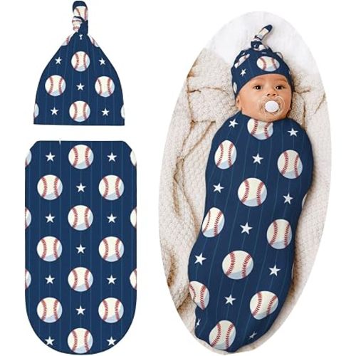 Lcokin Cute Baseball Print Baby Stuff Swaddle Blanket Hat Set for Boys Girls Shower Gift