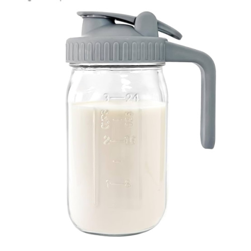 Breast Milk Pitcher Jug - 32 oz Glass Mason Jar Airtight Pitcher with Pour Spout Handle for Breastmilk, Iced Tea, Ice Drinks Storage Container