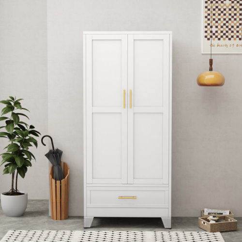 Winston Porter Modern Freestanding Metal Clothing Wardrobe Aromire with one Drawer and Clothes Rail | Wayfair