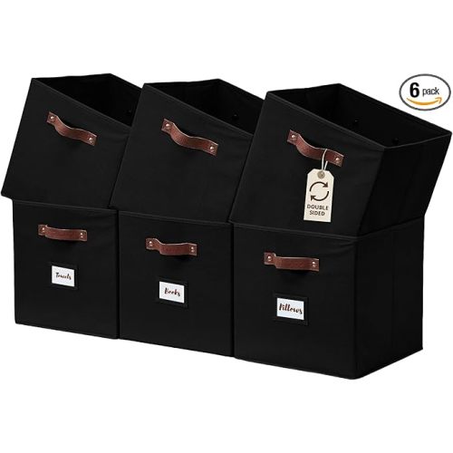 DECOMOMO Storage Bins, Cube Storage Bin with Labels, Fabric Storage Cubes for Shelves (10.5" x 11" / 6pcs, Black)