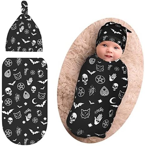 Goth Baby Stuff Gothic Halloween Swaddle Blanket with Hat Set Bat Swaddles Up New Born Soft Transition Sleep Sacks for Infant Boys Girls 0-6Mth