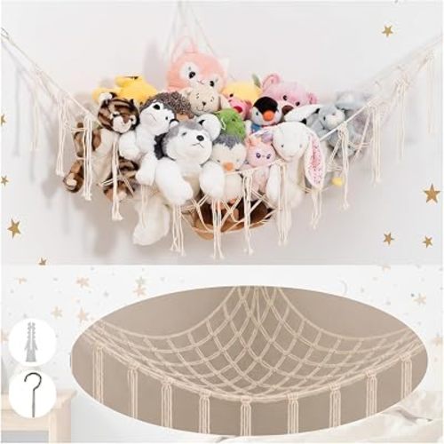 Large Macrame Stuffed Animal Storage Hammock | Holds 12 lbs | Corner Stuffed Animal Organizer | Plushie Net for Stuffed Animals | Stuffy Storage, Cute Bedroom, Room Decor | White