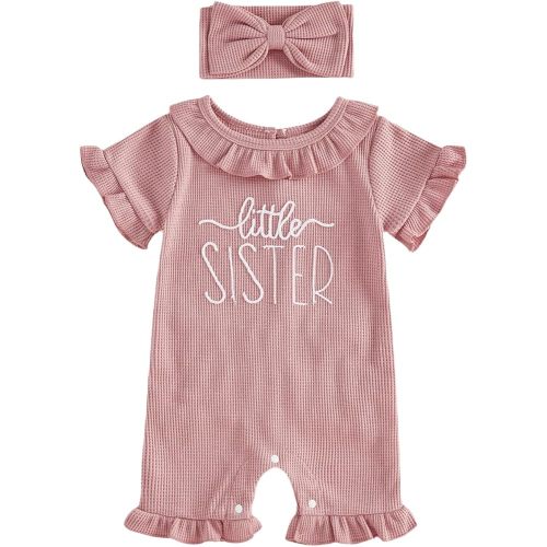 Newborn Baby Girl Summer Outfit Romper Hi I'm New Here Embroidery Ruffle Jumpsuit Infant Waffle Knit Clothes