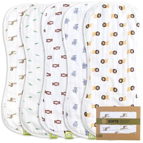 5-Pack Organic Muslin Baby Burp Cloths - White Bamboo Cotton Burp Cloth - Burp Rags - Neutral Burp Clothes for Baby Girl, Boy, Newborn, Unisex Babies - Large Absorbent Muslin Burping Cloth (The Wild)