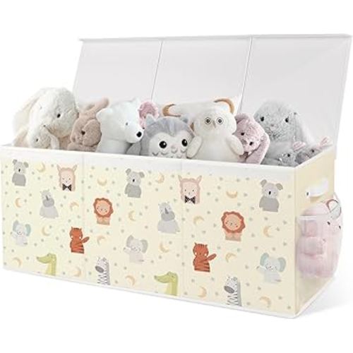 omedecal Extra Large Collapsible Toy Box with Lids, Sturdy Storage Organizer for Kids, 38"x16"x13" Toy Chest for Playroom, Nursery, Bedroom, Living Room (Pastel Animals)