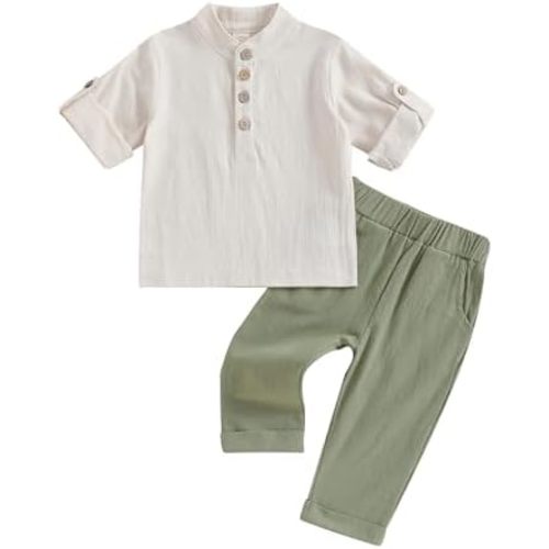 Karuedoo Toddler Baby Boy Clothes Cotton Linen Henley Shirts Button Down Long Sleeve Shirts Casual Pants Set
