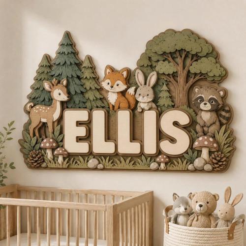 Personalized Woodland Nursery Name Sign, Custom Wooden Baby Name Sign, Forest Animal Wall Decor, Deer Fox Bunny Raccoon Baby Room