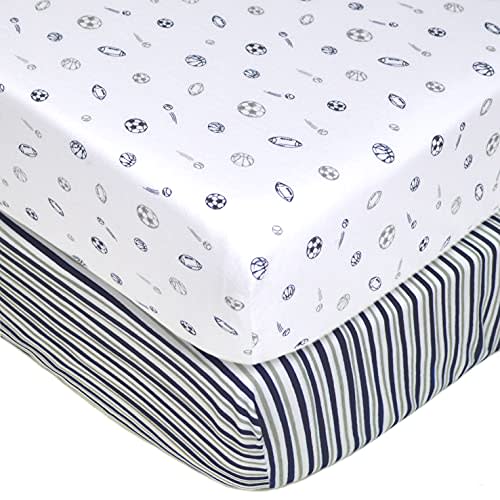 American Baby Company 2 Pack 100% Natural Cotton Fitted Crib Sheets 52" x 28" - Soft, Breathable, Hypoallergenic & Gentle Toddler Bed Sheets, Navy/Grey Sports Stripes, Neutral for Boys & Girls