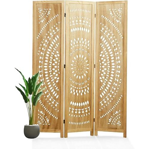 66.9Inch Folding Room Divider, 3 Panels Wood Carved Privacy Screens, Free Assembled Freestanding Partition for Home Office Restaurant Bedroom (Natural)