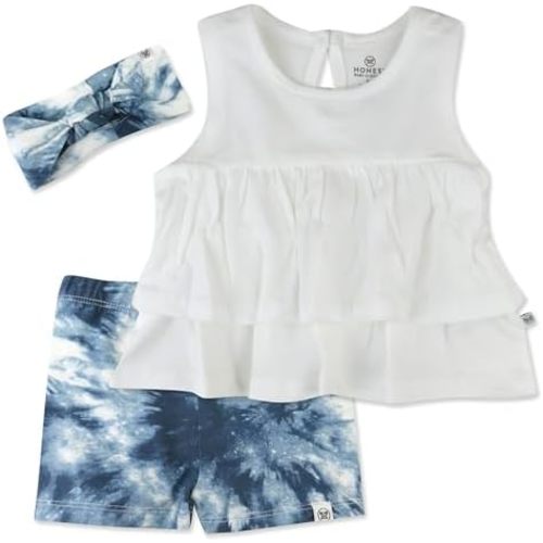 HonestBaby baby-girls Tiered Shirt, Biker Short & Headband Set 100% Organic Cotton for Baby and Toddler Girls