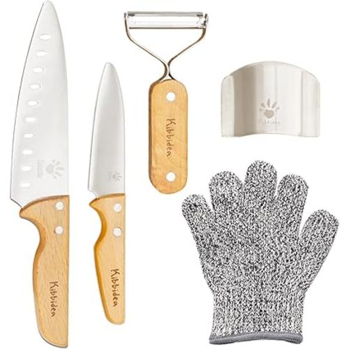Kids Knife Set 4-Pieces, Stainless Steel, Wooden Handle Kids Knives for Real Cooking, Child Friendly Chef Knife for Cutting Chopping, BPA-free Kitchen Knives for Teenager 8-12