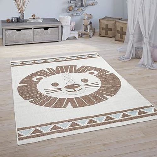 Kids Rug Happy Lion Face Play Mat with High-Low Effect in Beige, Size: 5'3" x 7'3"