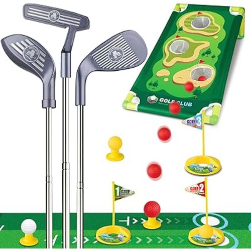 Liberry Kids Golf Club Set for 3 4 5 6 Years Old Boys Girls, Adjustable Toddler Golf Set with Putting Mat, Cornhole Board, Outdoor Indoor Sports Toy Birthday Gift