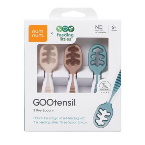 NumNum Baby Spoons Set, Feeding Littles x Silicone Pre-Spoon GOOtensils for Baby Led Weaning, Self-Feeding & Teething, First Stage Toddler Utensils for Ages 6+ Months, 3-Pack, BPA-Free (Neutrals)