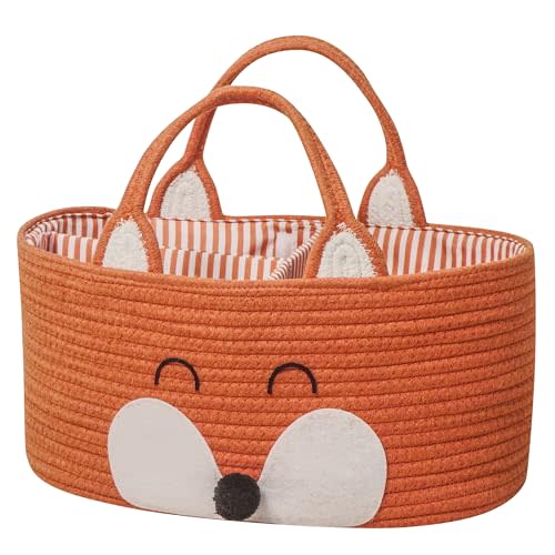 T&T Homewares Diaper Caddy Organizer, Cotton Rope Diaper Caddy Basket, Baby Shower Basket, Nursery Storage Bins, Newborn Caddie- Cat, Fox, Penguin (Orange Fox)