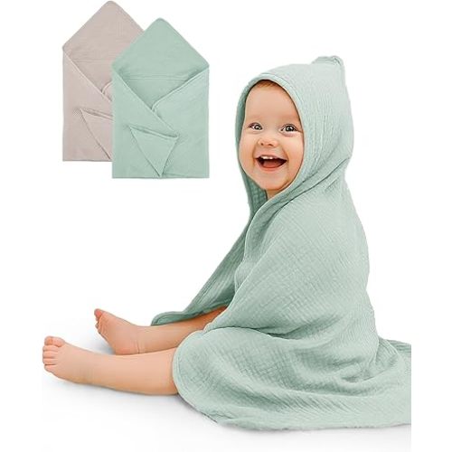 Hooded Baby Towels 2 Pack, Muslin Baby Bath Towels with Hood for Newborn Infant and Toddler, Soft Breathable & Absorbent, 32" x 32" (Beige & Sage, Lightweight)