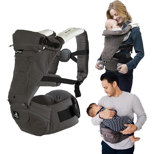 Abiie HUGGS 3-in-1 Baby Carrier w/Hip Seat - Front Facing, Hip Hugger, Back Baby Carrier - Healthy Sitting (M) Position, 3 Mos.-Toddler - Buckle Type Closure - Approved by US Safety Standards - Gray
