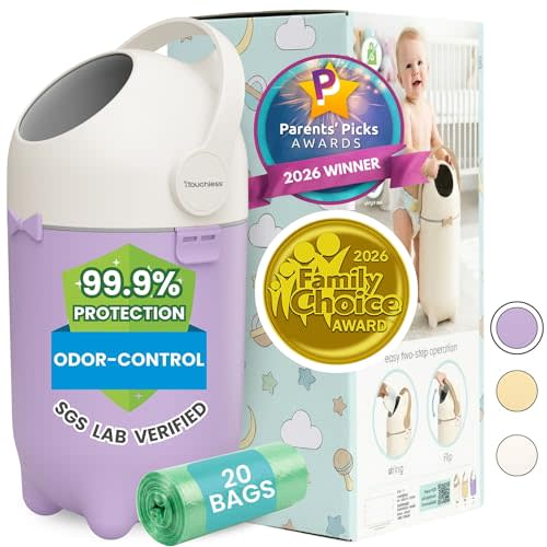 iTouchless Odor-Locking Diaper Pail - 2026 Award-Winning Ag+ Silver Ion Nursery Bin - Fits Any Bag, No Refills Needed - Includes 20 Leak-Proof Bags (Holds 300 Diapers) - Lavender Orchid Hygienic Bin