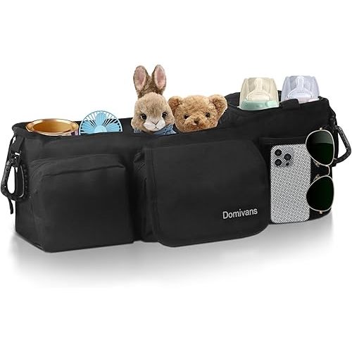 Double Stroller Organizer,Double Stroller Caddy for Bob Duallie and Baby Jogger City Mini GT2,Extra Large Double Baby Stroller Accessories with Cup Holder,Black(Empty Bag)