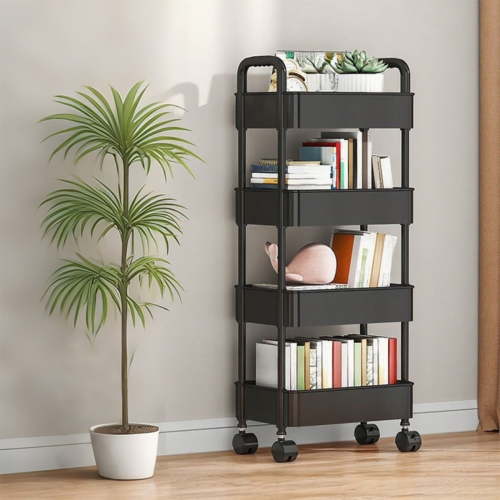 MORESEC 4 Tier Kitchen Storage Cart with Armrests Ventilated Rolling Utility Organizer on Casters for Bathroom Toilet Pantry Black 32.7 in