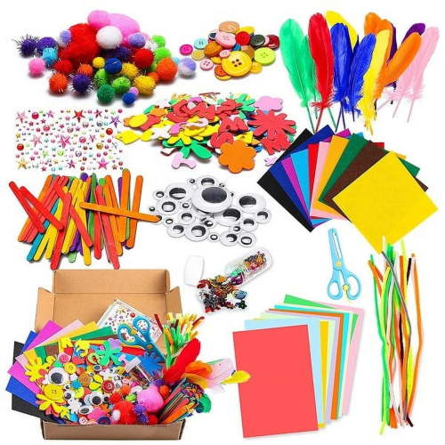 Keyohome 1000Pcs DIY Art Craft Kit for Kids Creative Crystal Sticker Felt Wiggle Googly Colorful Wooden Sticks Party Supplies