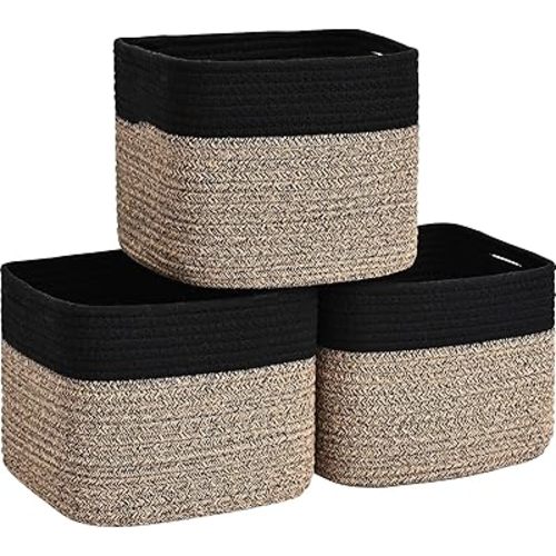 3 Pack Cube Storage Bin, 9”x9”x7” Cotton Rope Woven Baskets for Organizing Toys Clothes Towels, Square Gift Storage Baskets for Shelf, Nursery, Closet, Bathroom, Pantry (Black & Brown)
