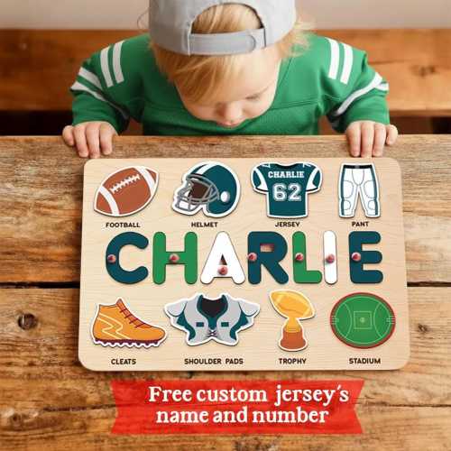 Personalized Football Name Puzzle for Kids, Custom Wooden Sports Puzzle, Montessori Toddler Toy, Baby Gift