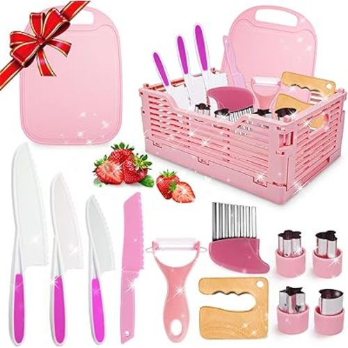 Kids Kitchen Knife Set for Real Cooking & Basket,Montessori Toys for 3 4 5 6 7 8 9 10 Year Old Girls Birthday Gifts, Toddler Knife Set, Toddler Kitchen Tools