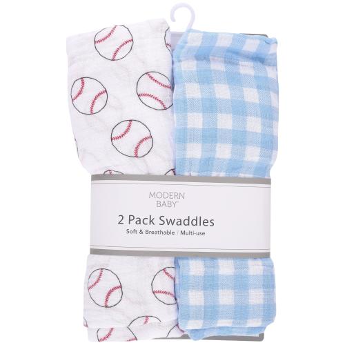 Muslin Baseball & Gingham Baby Swaddle Blankets, 2 pack, 36 x 40 inches