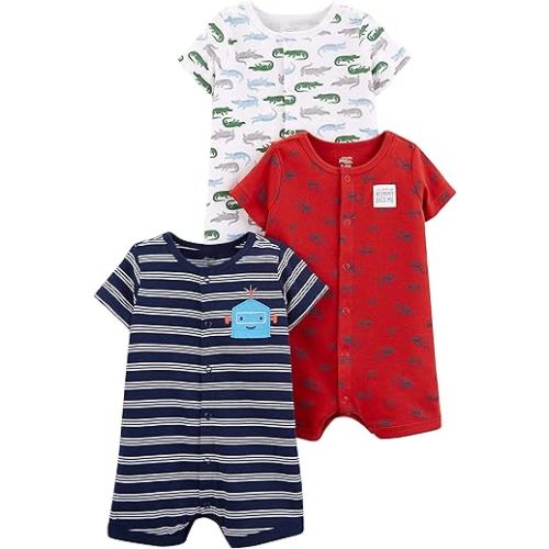 9-12M Simple Joys by Carter's Baby Boy's 3-Pack Snap-up Rompers Pants, Alligators/stripe/Diggers, 12 Months