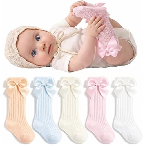 5 Pairs Long Newborn Baby Girl Socks, Knee High Socks for Girls, Spring Summer Hollow Out Anti-skid Cotton Knee-High Sock for Premature Infant Toddler