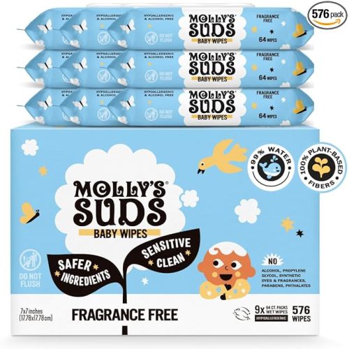 Molly's Suds Sensitive Clean Baby Wipes | 99% Water, Plant-Based, Fragrance Free | 576 Total Wipes (9 Flip-Top Packs)