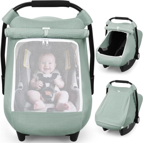 Rquite Car Seat Cover Baby, Carseat Covers Girl Boy, Breathable Muslin Cotton, Large Mesh Window, Infant Car Seat Canopy Baby Carrier Cover Stroller Sun Shade for Summer & Hot Day, Green