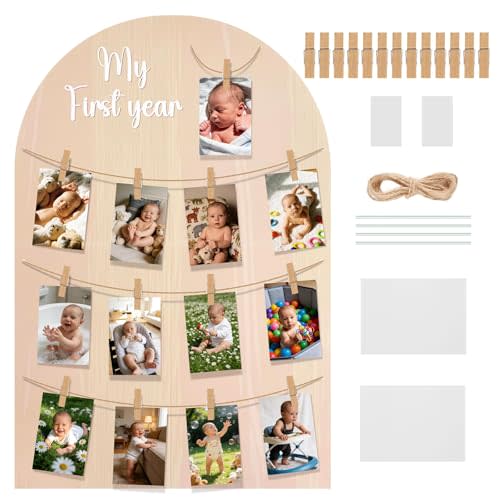 Baby First Birthday Photo Board, Corrugated Plastic My First Year Milestone Picture Frame, Holds 13 4x6 Photos, 19.1 x 28.7 Inches Baby Growth Timeline Photo Display with Clips & String