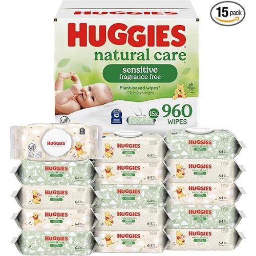 Huggies Natural Care Sensitive Baby Wipes, Unscented, Hypoallergenic, 99% Purified Water, 15 Flip-Top Packs (960 Wipes Total)