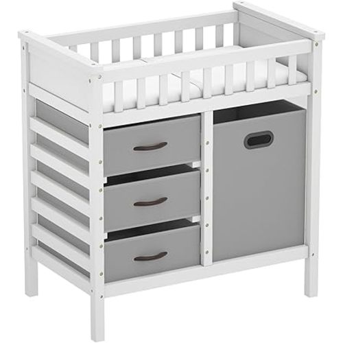 BABY JOY Wooden Baby Changing Table, Diaper Changing Station with 3 Storage Drawers, Laundry Hamper, Waterproof Changing Pad & Safety Belt, Modern Nursery Furniture for Daycare Bedroom (Gray)