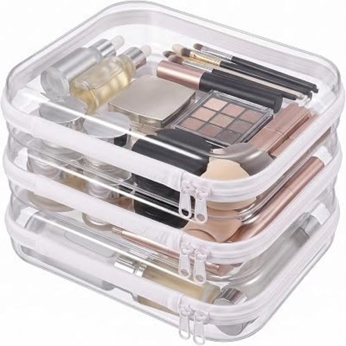 3 Pack Medium Clear Hard Shell Zipper Cases,Zipper Pouches White