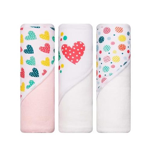 LITTLE CELEBRITY Hooded Baby Towels 3-Pack – Soft Baby Bath Towels with Hood for Newborns & Toddlers, Baby Hooded Towel Set, 30" x 26" (Candy Hearts)