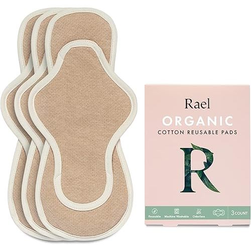Rael Reusable Pads, Organic Cotton Cover Pad - Postpartum and Period Essential, Heavy Absorbency, Thin Cloth, Leak-Free, Washing Machine Safe (3 Count, Large)