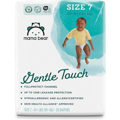 Amazon Brand - Mama Bear Gentle Touch Baby Diapers, Size 7, 20 Count, Wetness Indicator, Stretchy Waistband, Secure Fit