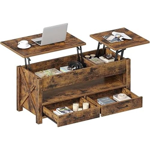 Seventable Coffee Table, 47.2" Lift Top Coffee Table with 2 Storage Drawers and Hidden Compartment, Farmhouse Center Table with Wooden Lift Tabletop, for Living Room,Rustic Brown