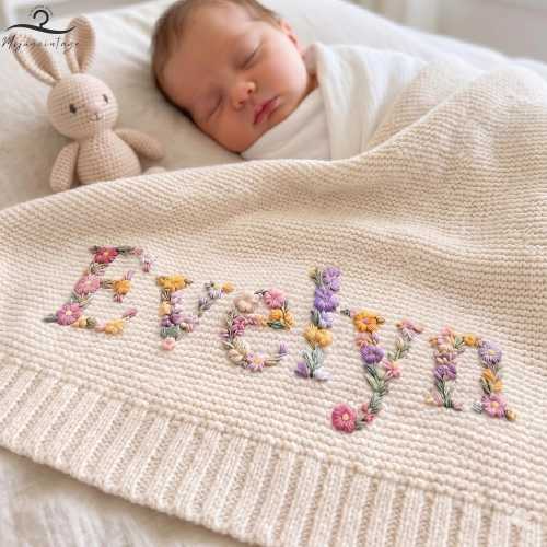 Custom Floral Baby Name Blanket, Newborn Hospital Gift,  Custom Baby Gift, Baby Name Swaddle, Flower Design Blanket, Cotton Baby Blanket