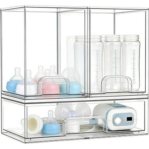 Baby Bottle Organizer, Large Capacity Stackable Acrylic Storage with Non-Slip Pads, for Baby Bottles, Pump Parts, Kitchen Countertop, Pantry, Vanity, 3-Piece